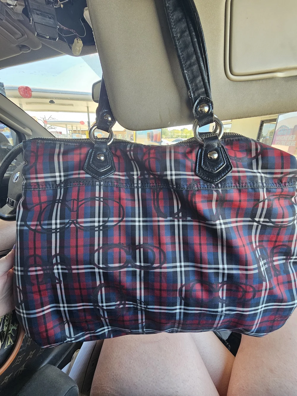 Vintage Coach Poppy Tartan Glam Plaid Tote Bag with Leather Handles - Red/Black